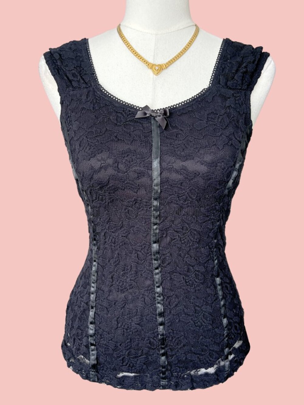 Y2K Black Lace Panel Ribbon Trim Top